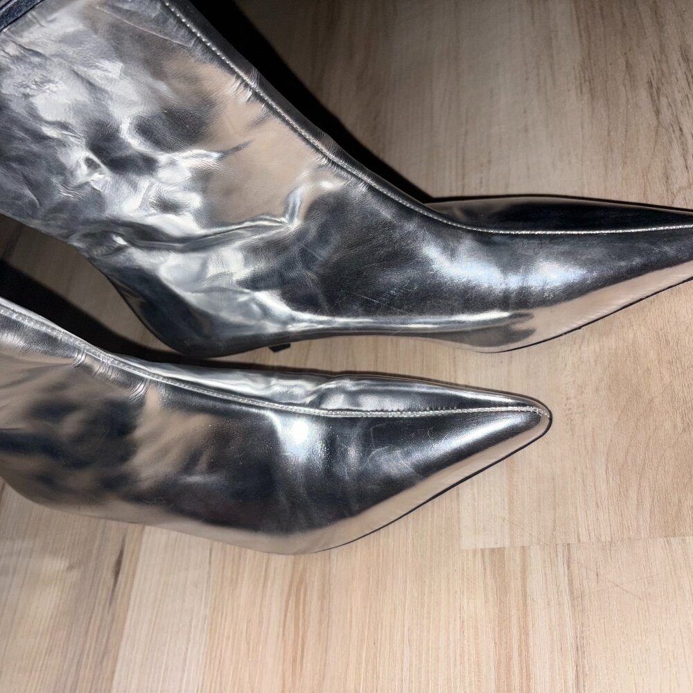 Zara Silver Metallic Genuine Leather Midi Heels with Pointed Toe 6